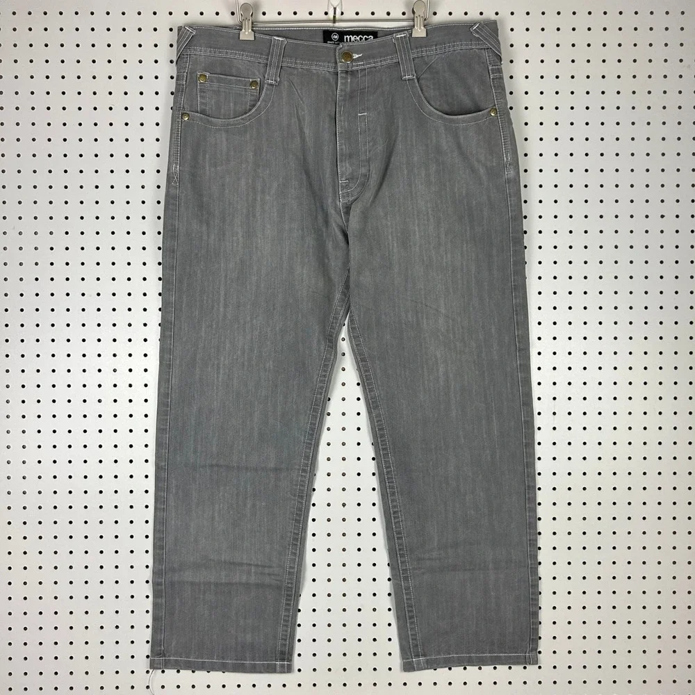 Mecca Grey Straight Fit Denim Jeans 40x30 Y2K Skater Punk Flap Pocket 90s Cyber